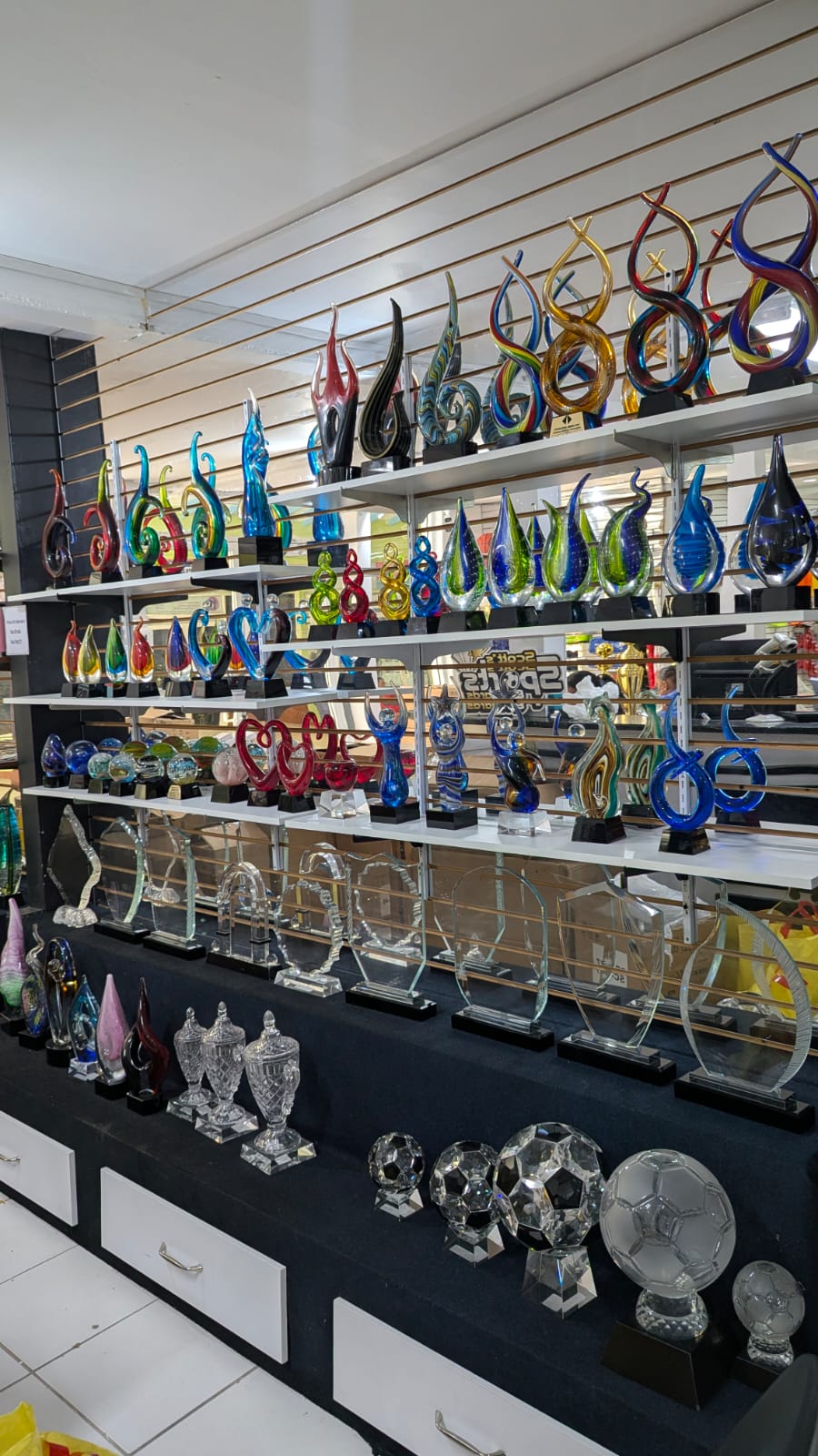 Glass and crystal awards on display
