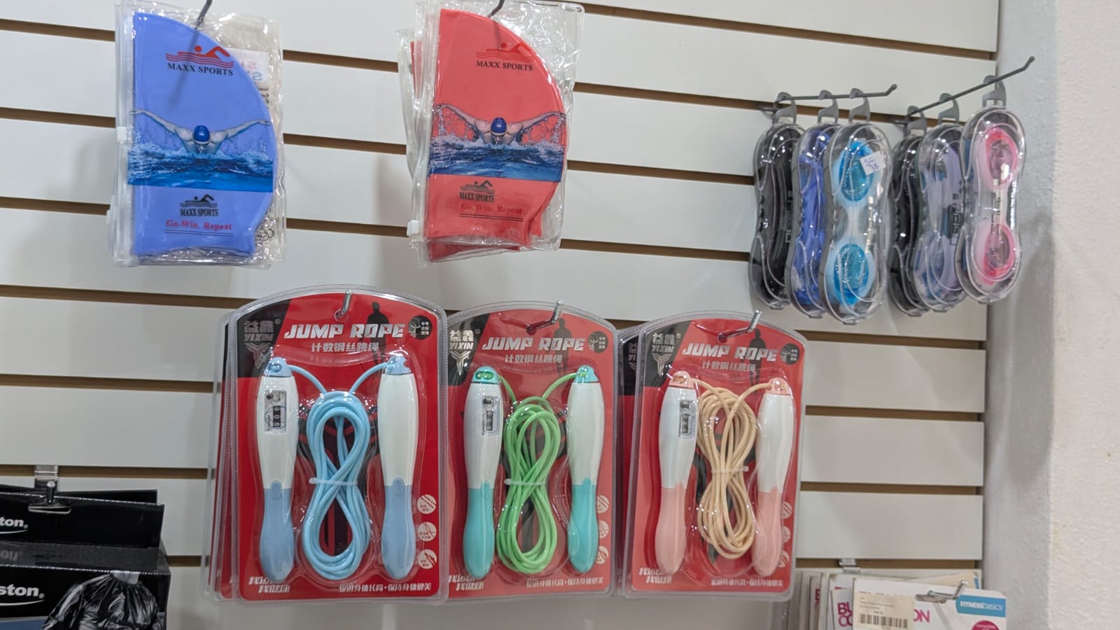 Sporting accessories including goggles and jump ropes